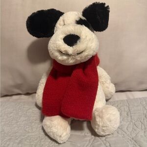 Jellycat Black and White Retired Bashful Winter Puppy with Red Scarf